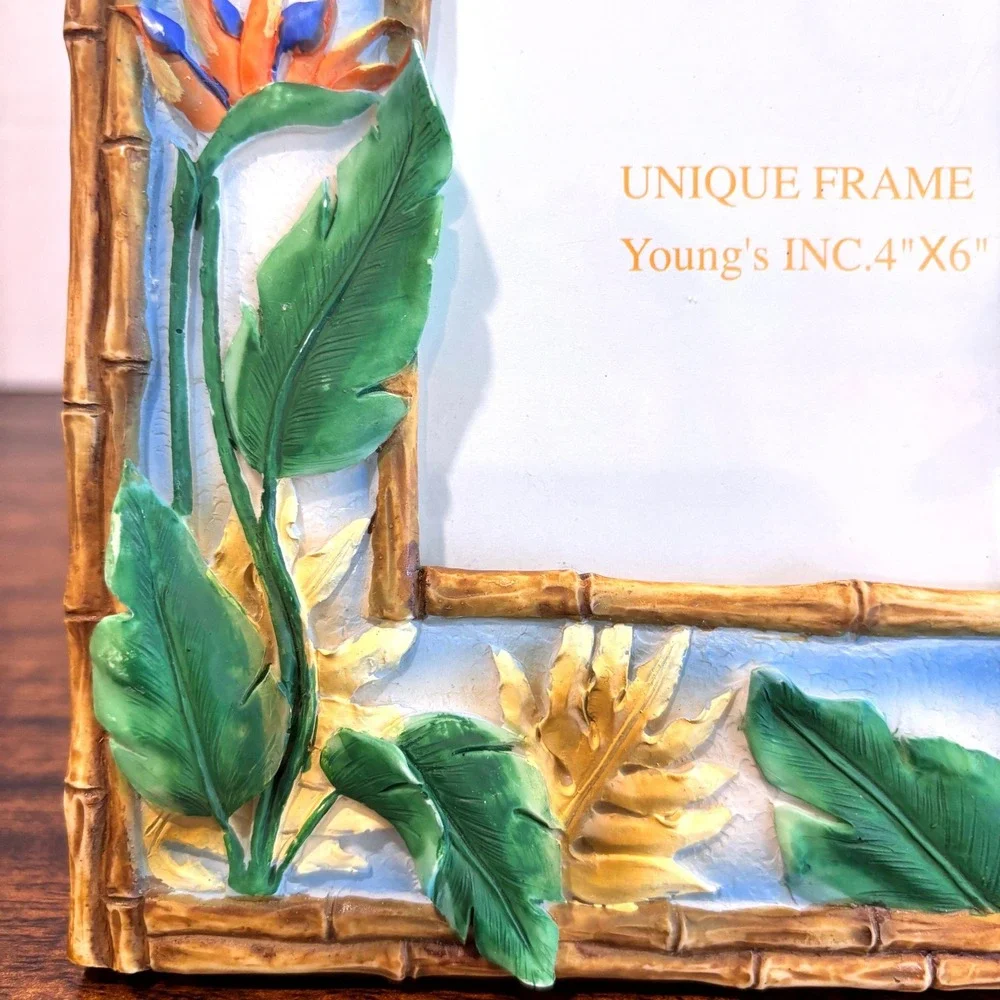 Tropical Parrot Photo Frame 4x6 Macaw Hibiscus Faux Bamboo Coastal Island Décor